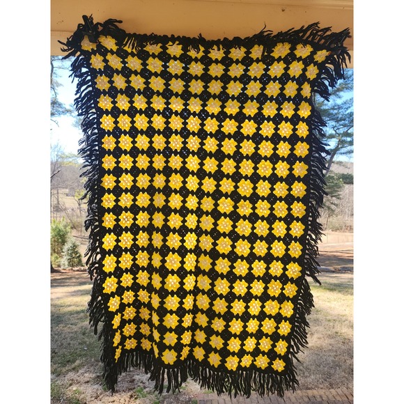Other - Vintage Handmade Crochet Granny Square Floral Throw Blanket Yellow Black Fringe